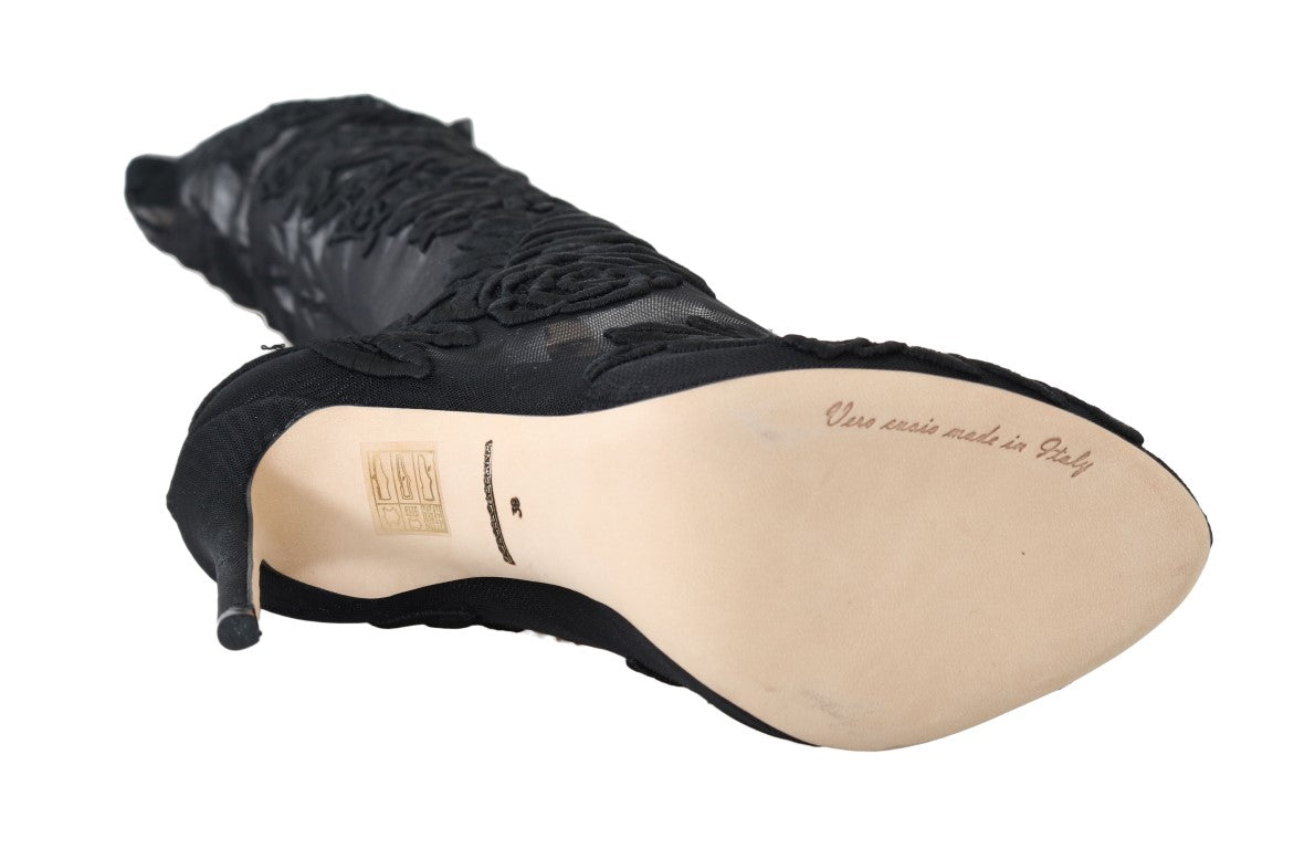 Dolce & Gabbana – Schwarze Sockenstiefel mit Blumenstickerei