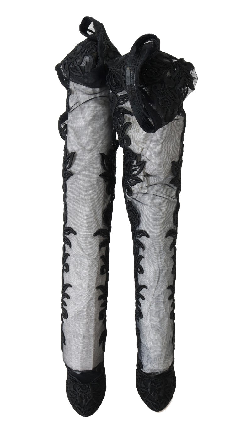 Dolce & Gabbana – Schwarze Sockenstiefel mit Blumenstickerei