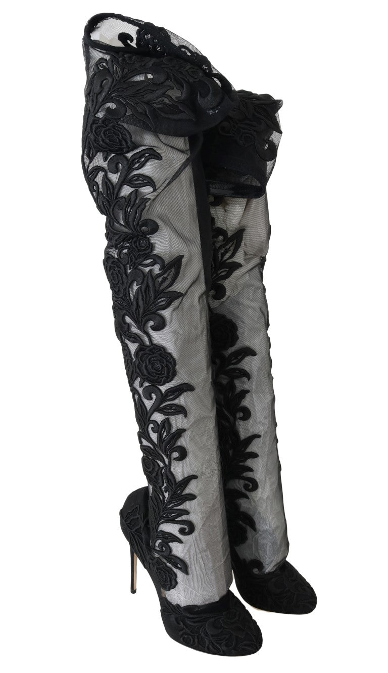 Dolce & Gabbana – Schwarze Sockenstiefel mit Blumenstickerei