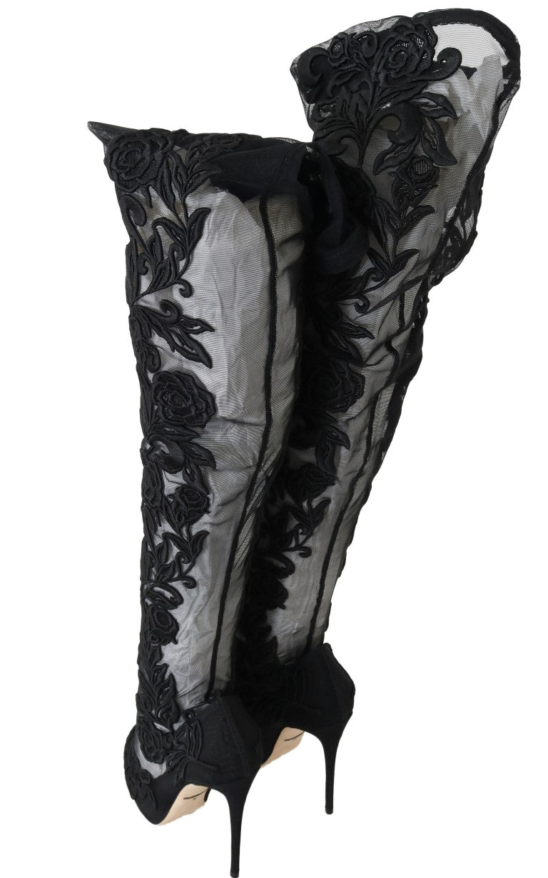 Dolce & Gabbana – Schwarze Sockenstiefel mit Blumenstickerei