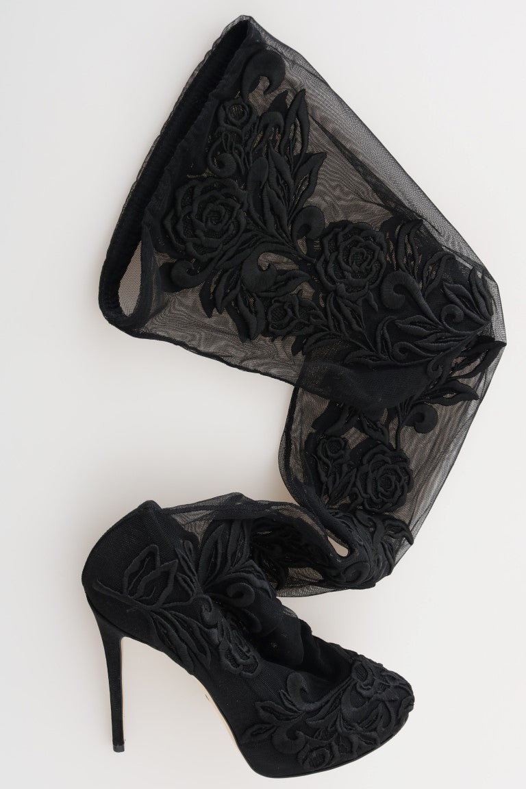 Dolce & Gabbana – Schwarze Sockenstiefel mit Blumenstickerei