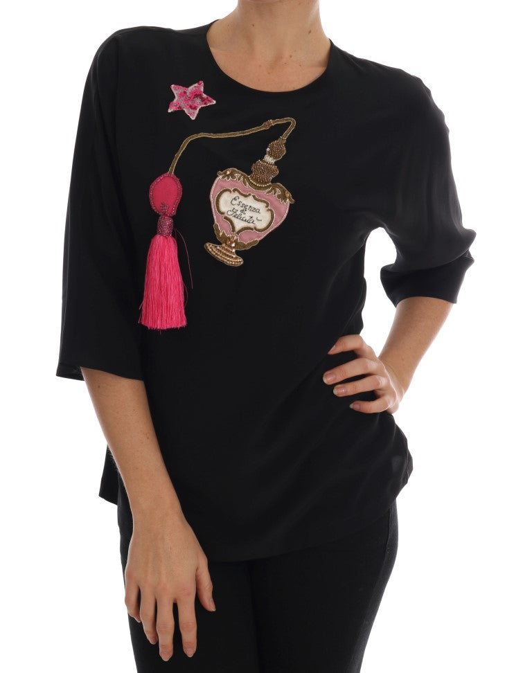 Dolce & Gabbana Schwarze Seidenbluse mit Märchen-Top und Kristallen