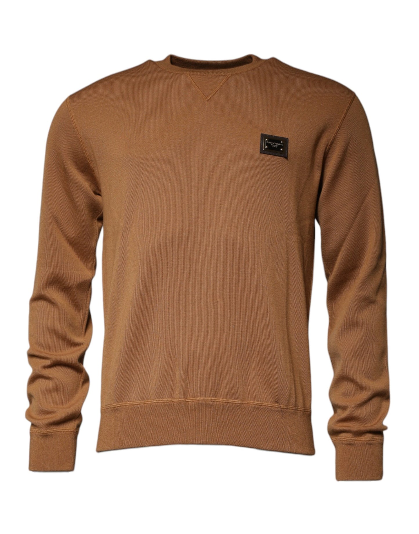 Dolce & Gabbana – Brauner Pullover mit Rundhalsausschnitt und Logo-Plakette