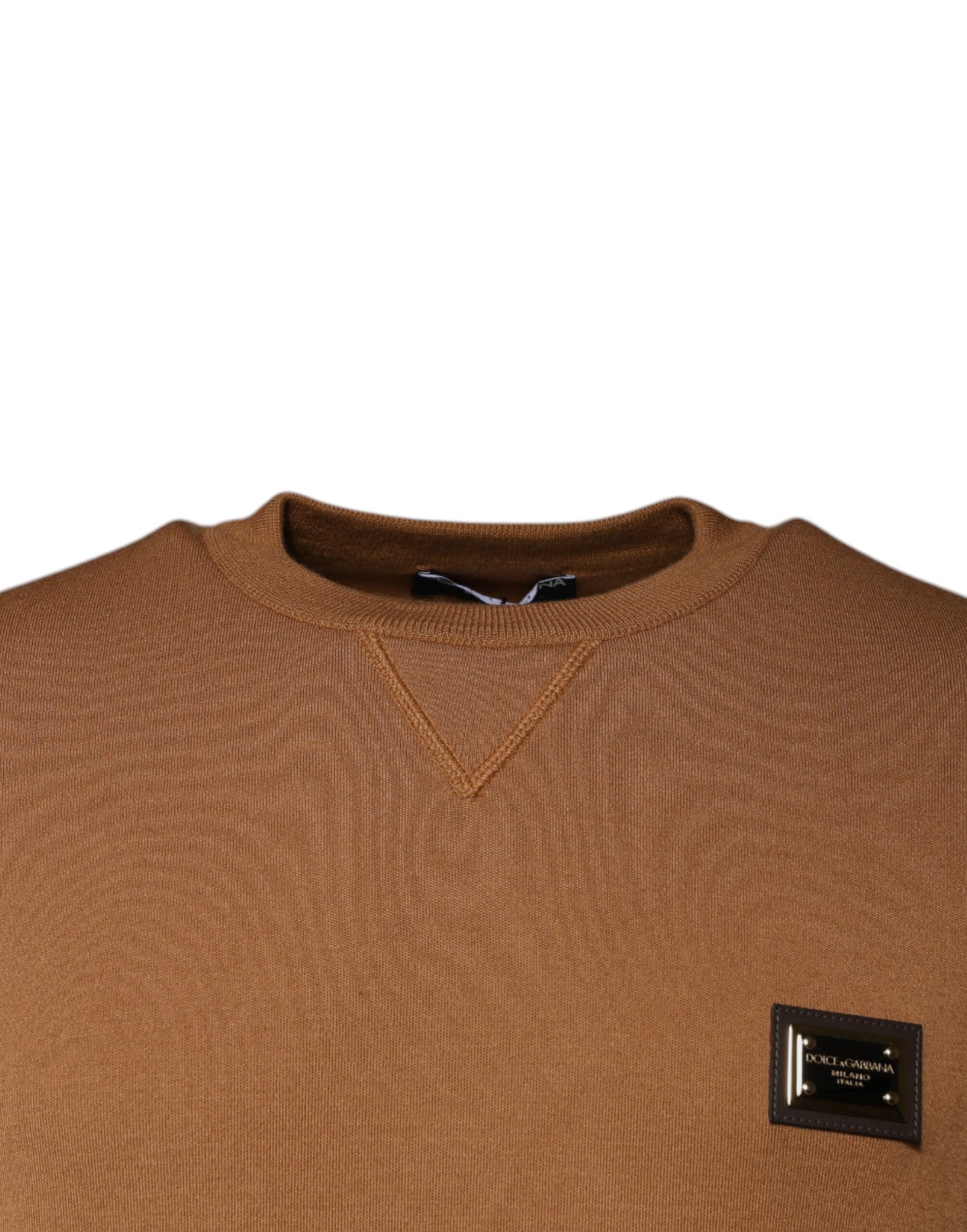 Dolce & Gabbana – Brauner Pullover mit Rundhalsausschnitt und Logo-Plakette