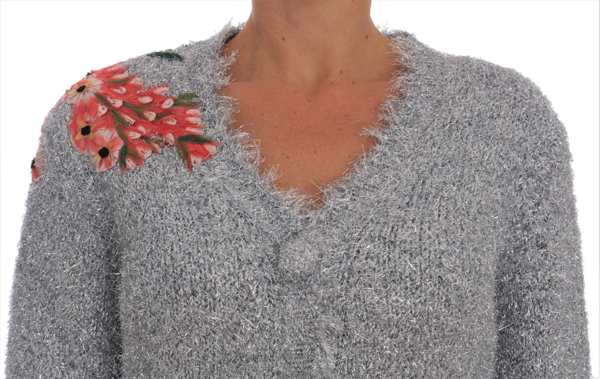 Dolce & Gabbana Silberner Cardigan Pullover mit Blumenapplikation