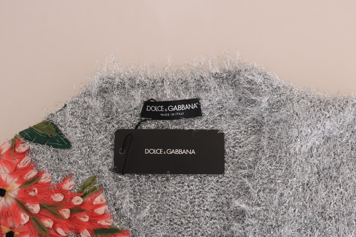Dolce & Gabbana Silberner Cardigan Pullover mit Blumenapplikation
