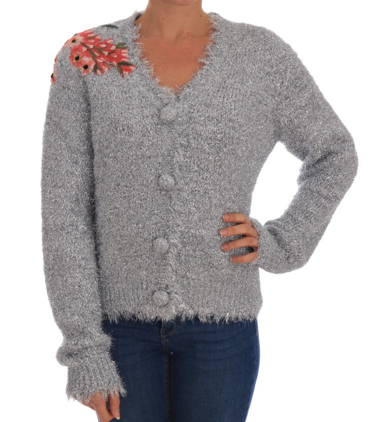 Dolce & Gabbana Silberner Cardigan Pullover mit Blumenapplikation
