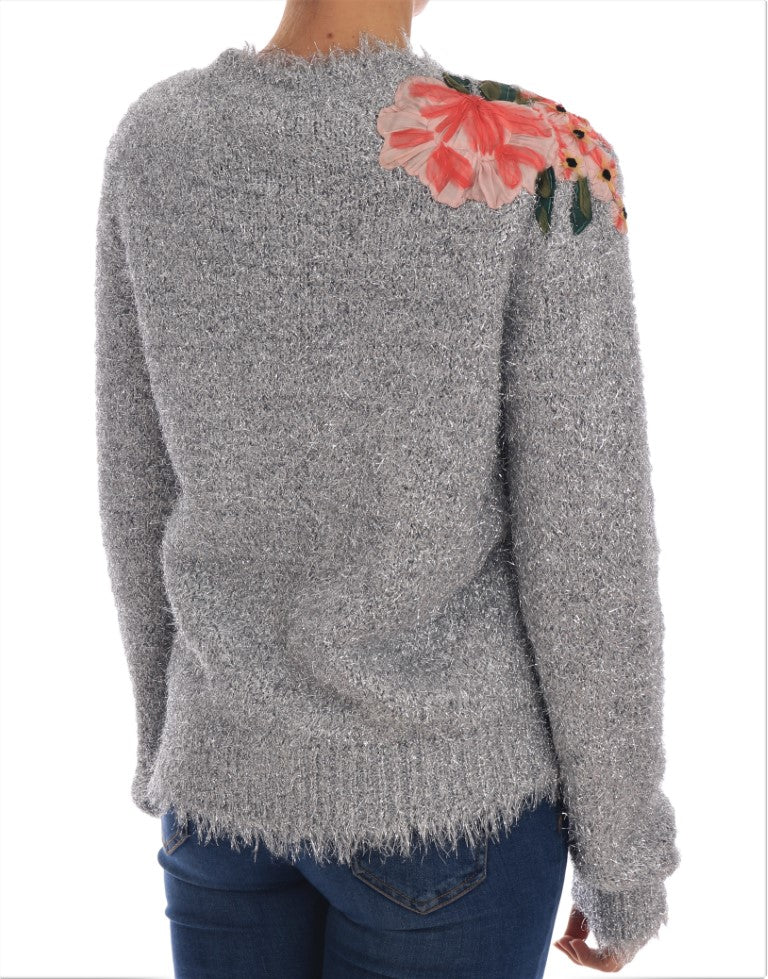 Dolce & Gabbana Silberner Cardigan Pullover mit Blumenapplikation