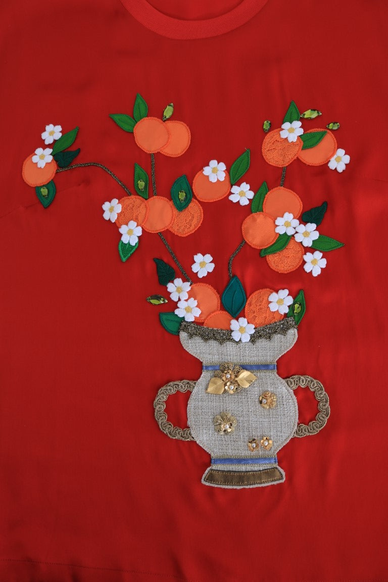 Dolce & Gabbana Rote Seidenbluse mit orangefarbenem Blumenmuster und Kristallen
