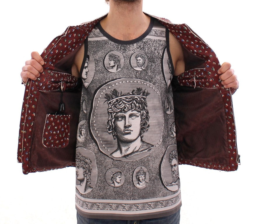 Dolce & Gabbana – Bordeauxfarbener Ledermantel mit Boxer-Print