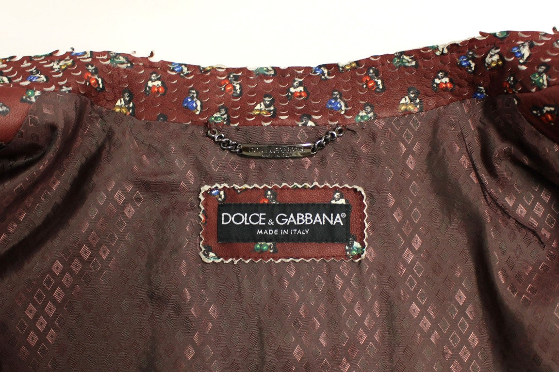 Dolce & Gabbana – Bordeauxfarbener Ledermantel mit Boxer-Print