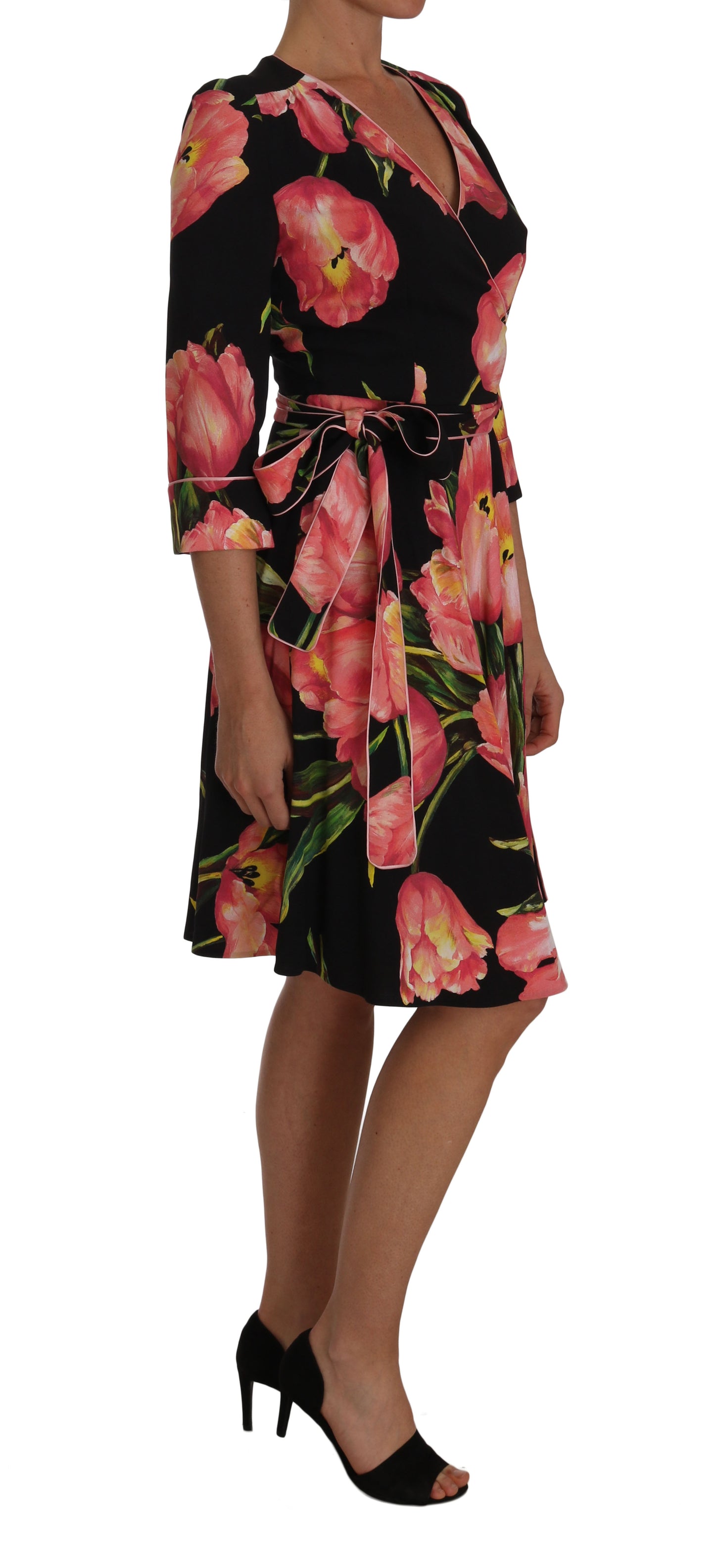 Dolce & Gabbana – Stretch-Etuikleid mit schwarzem und rosa Tulpendruck