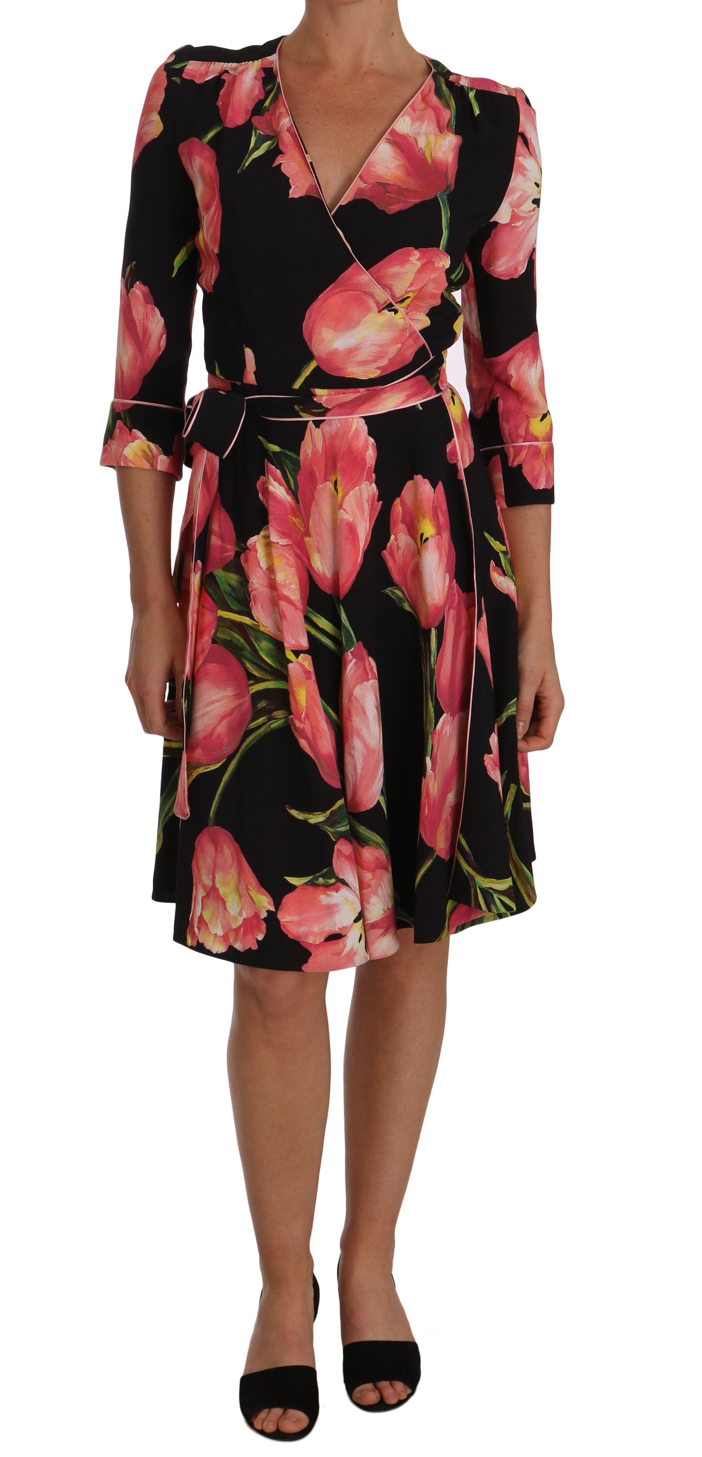 Dolce & Gabbana – Stretch-Etuikleid mit schwarzem und rosa Tulpendruck