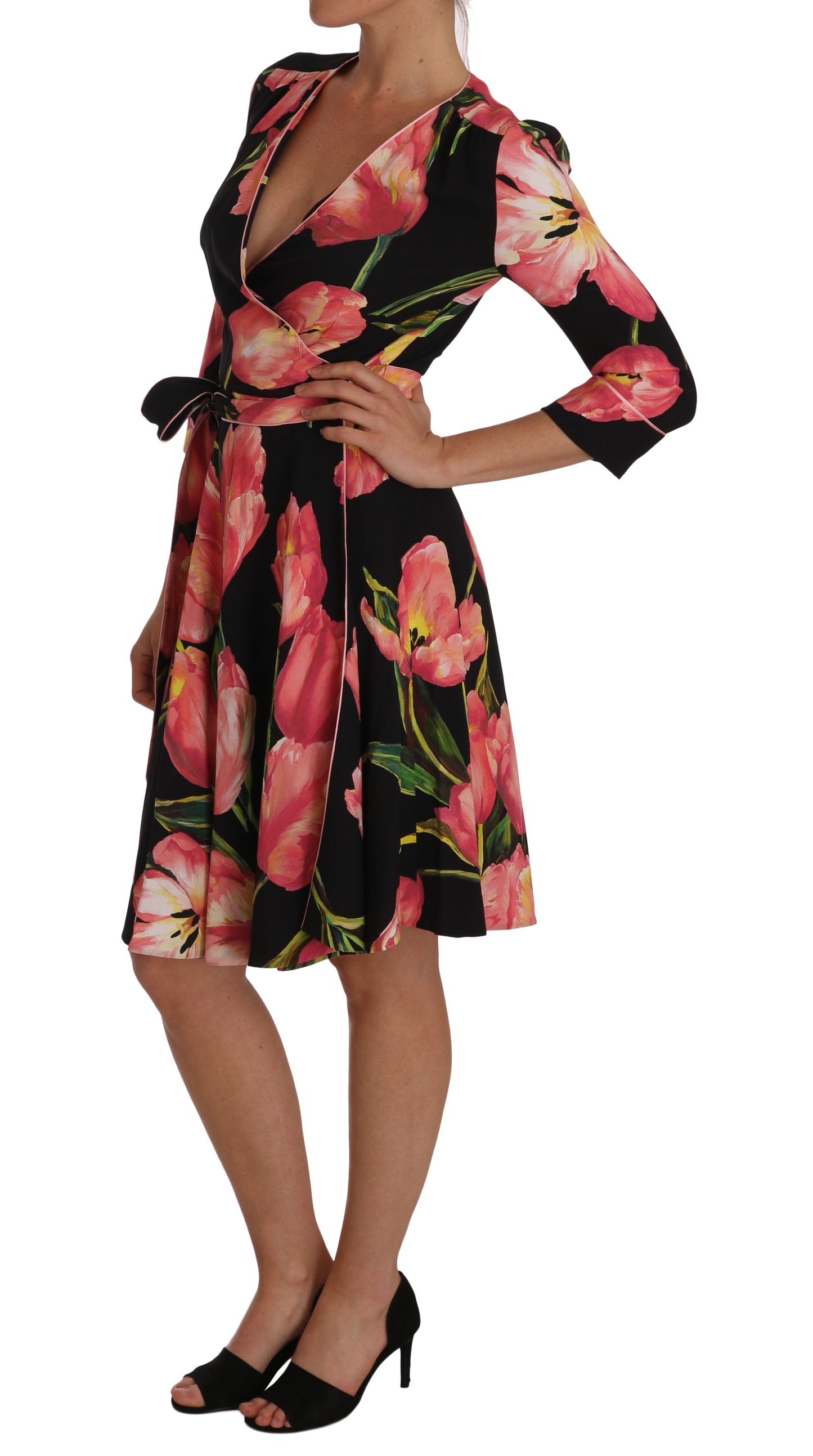 Dolce & Gabbana – Stretch-Etuikleid mit schwarzem und rosa Tulpendruck