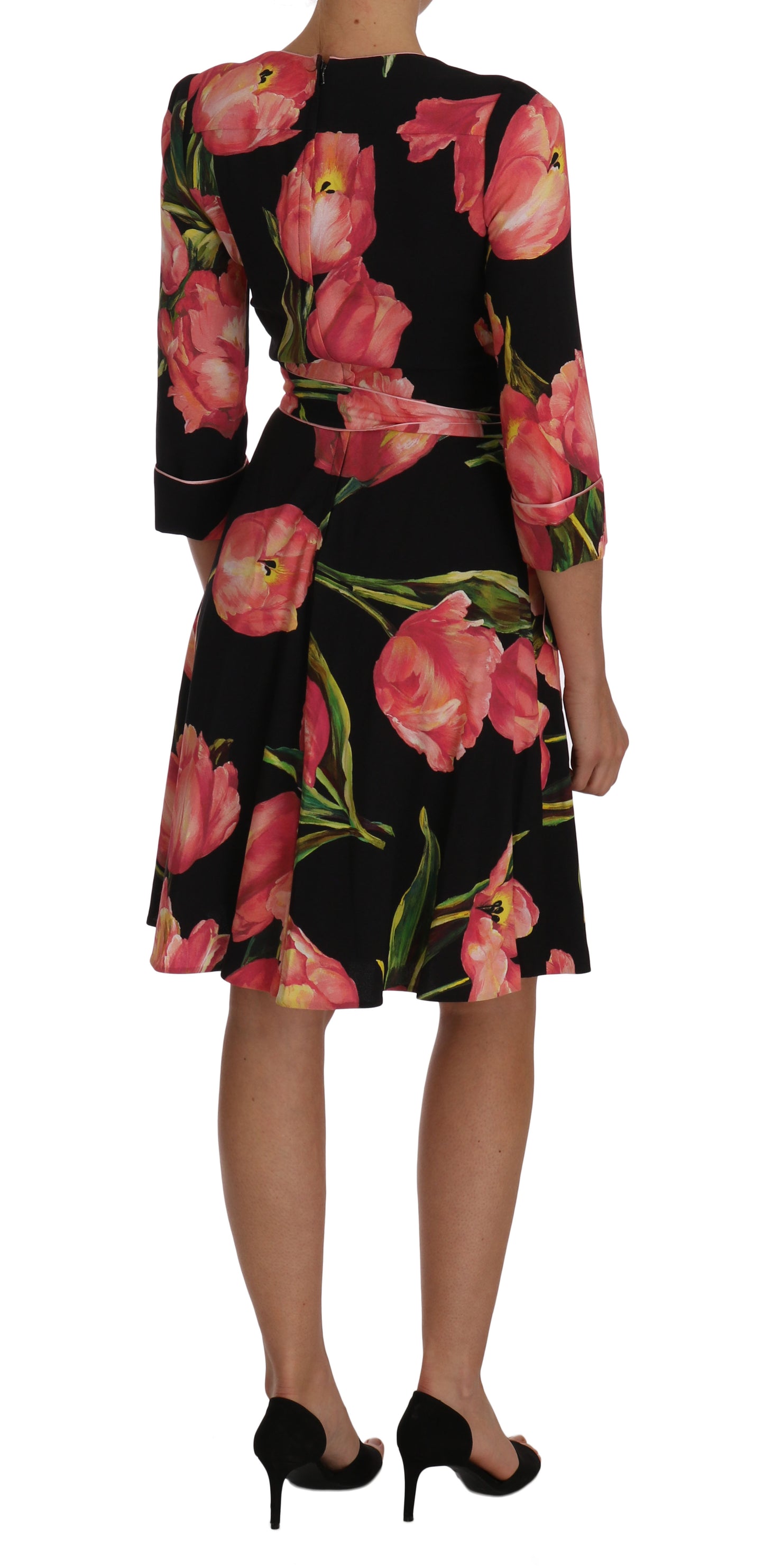 Dolce & Gabbana – Stretch-Etuikleid mit schwarzem und rosa Tulpendruck