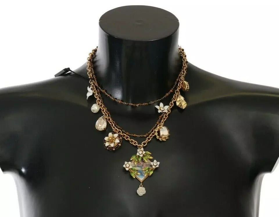Dolce & Gabbana – Statement-Halskette mit Blumenanhängern aus goldenem Messing mit Kristallen