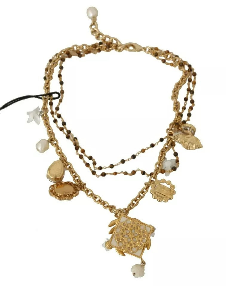 Dolce & Gabbana – Statement-Halskette mit Blumenanhängern aus goldenem Messing mit Kristallen