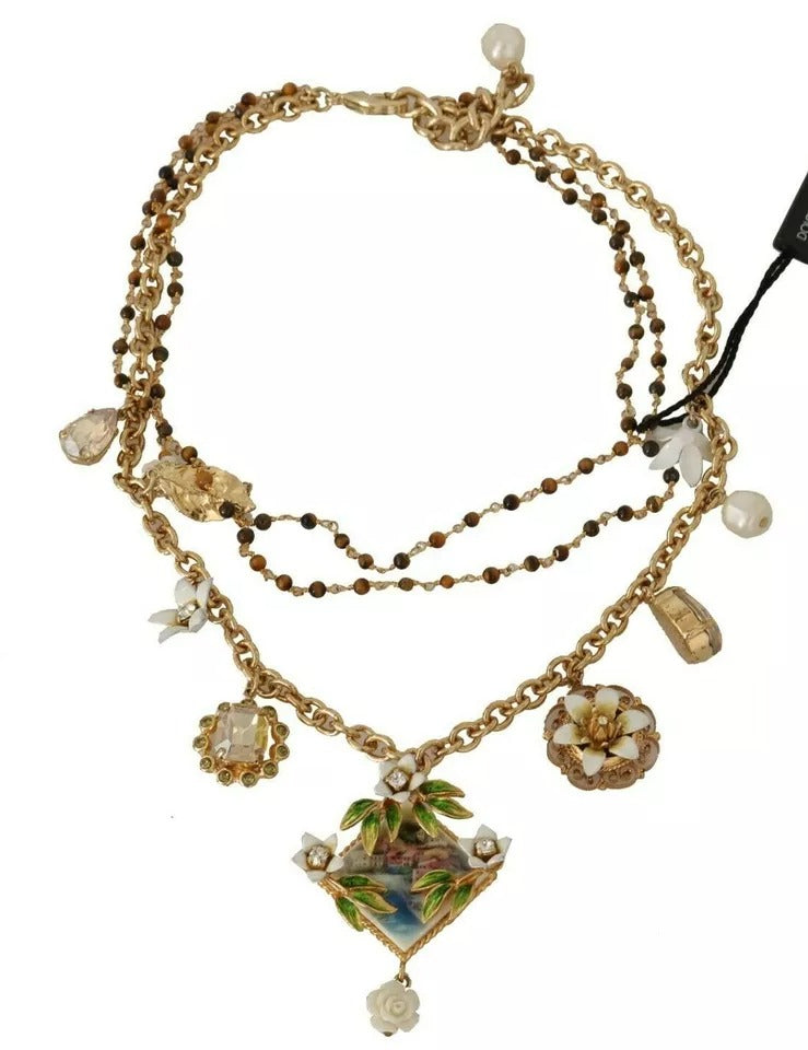 Dolce & Gabbana – Statement-Halskette mit Blumenanhängern aus goldenem Messing mit Kristallen