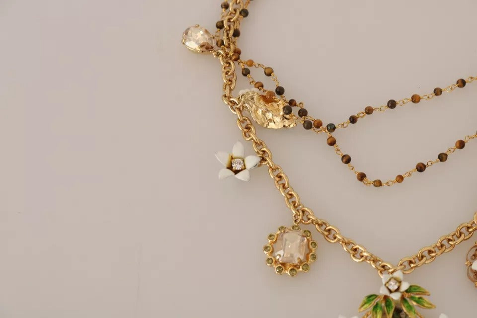 Dolce & Gabbana – Statement-Halskette mit Blumenanhängern aus goldenem Messing mit Kristallen