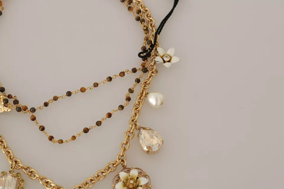 Dolce & Gabbana – Statement-Halskette mit Blumenanhängern aus goldenem Messing mit Kristallen