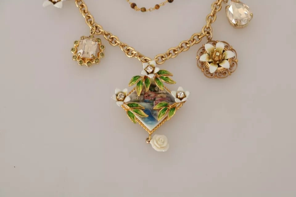 Dolce & Gabbana – Statement-Halskette mit Blumenanhängern aus goldenem Messing mit Kristallen