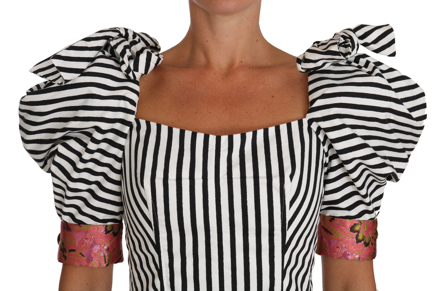 Dolce & Gabbana – Weißes, schwarz gestreiftes Crop-Top mit Puffärmeln