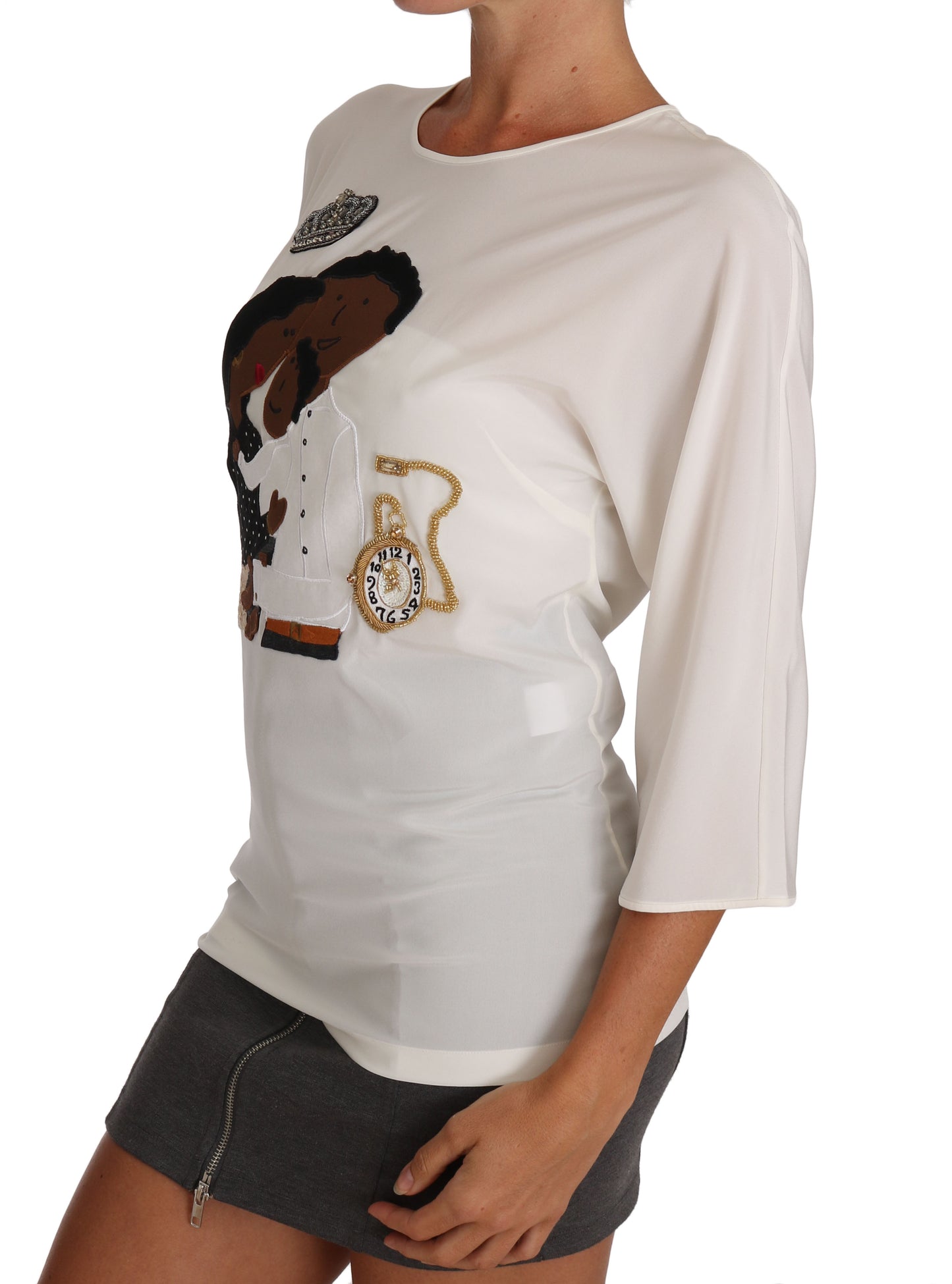 Dolce & Gabbana Weißes Seiden-T-Shirt #dgfamily mit Kristallen