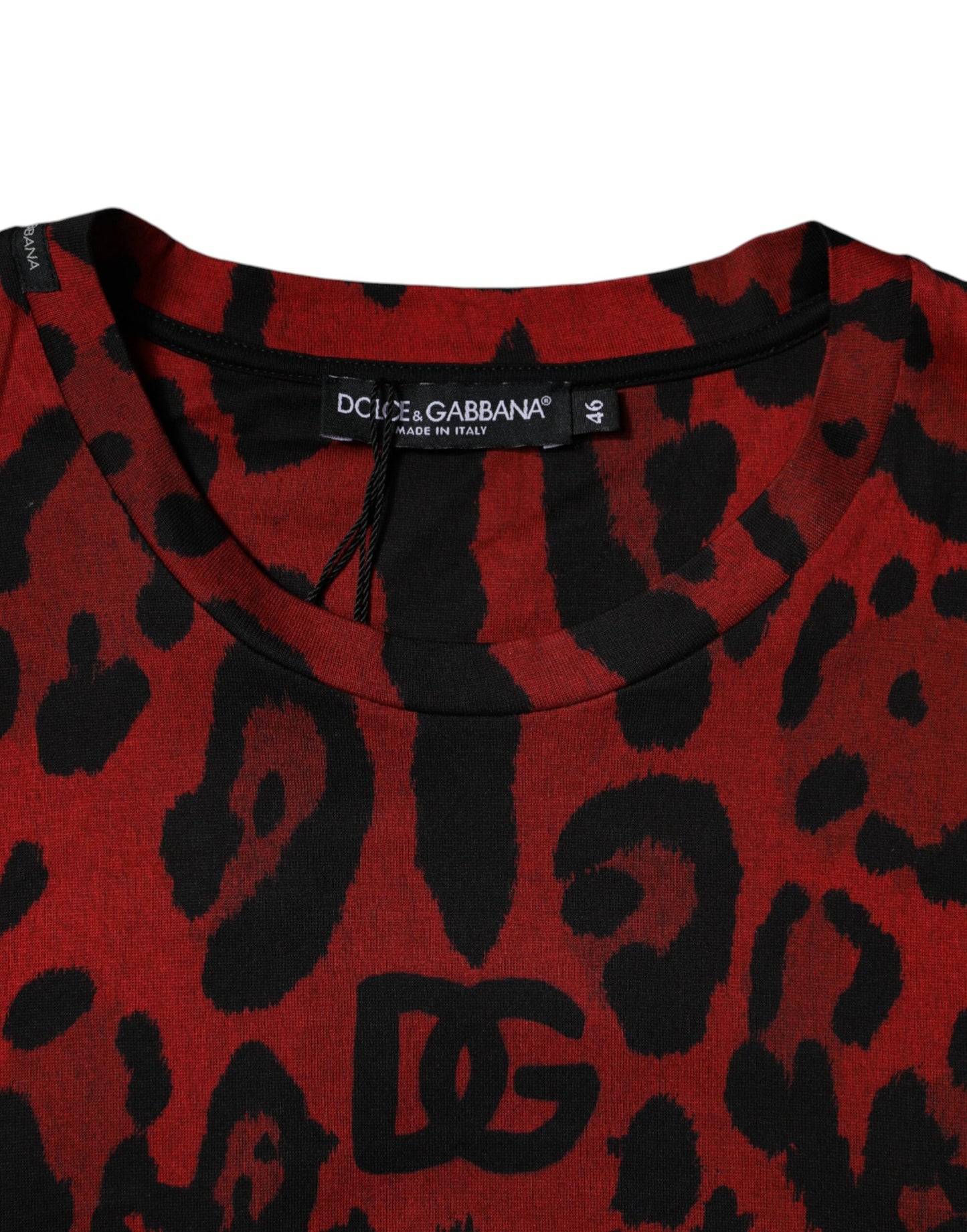 Dolce & Gabbana – Rotes T-Shirt aus Baumwolle mit Leopardenmuster und kurzen Ärmeln