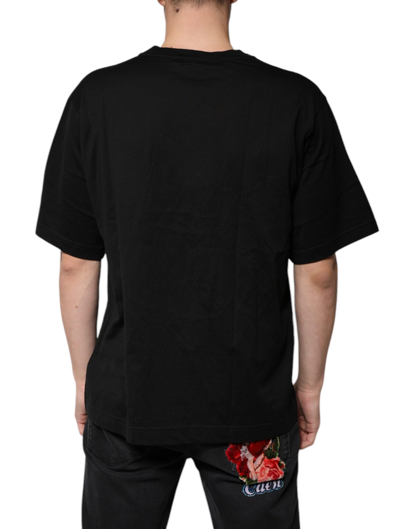 Dolce & Gabbana – Schwarzes, kurzärmliges T-Shirt aus Baumwolle mit V-Ausschnitt und Logo