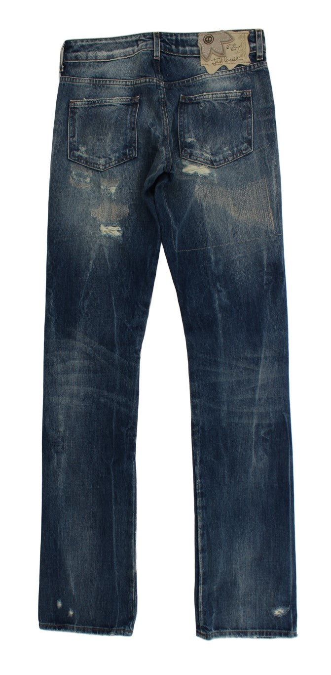 Cavalli – Straight Fit-Jeans aus zerrissener Baumwolle in blauer Waschung