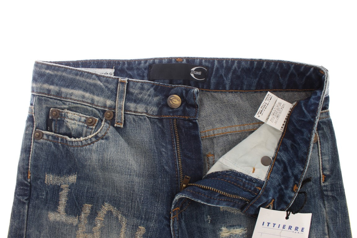 Cavalli – Straight Fit-Jeans aus zerrissener Baumwolle in blauer Waschung