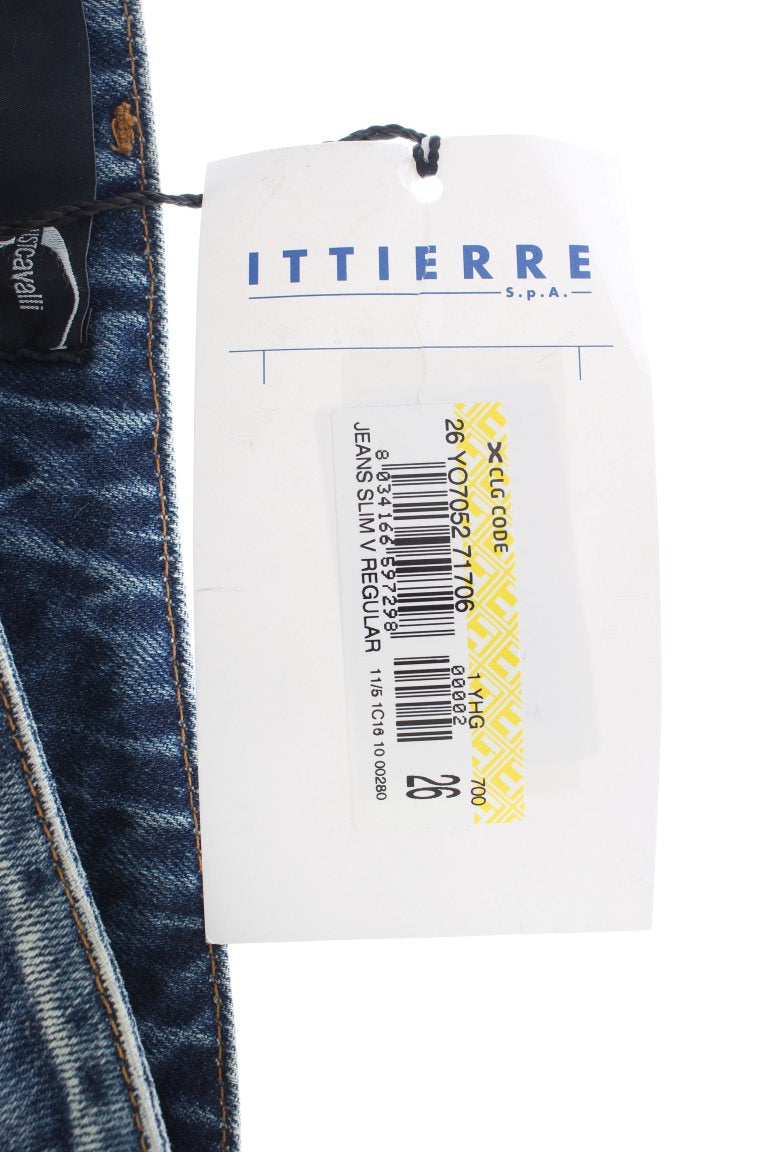 Cavalli – Straight Fit-Jeans aus zerrissener Baumwolle in blauer Waschung