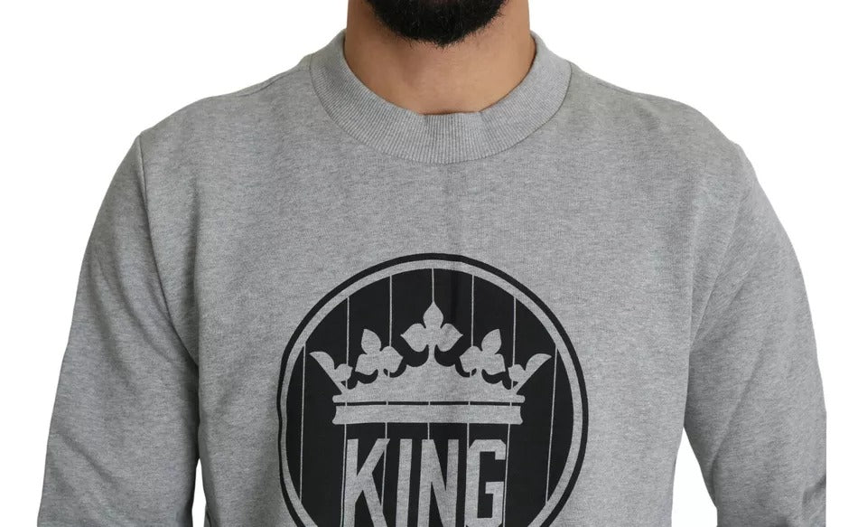 Dolce & Gabbana Grauer Pullover aus Baumwolle mit Crown King-Print
