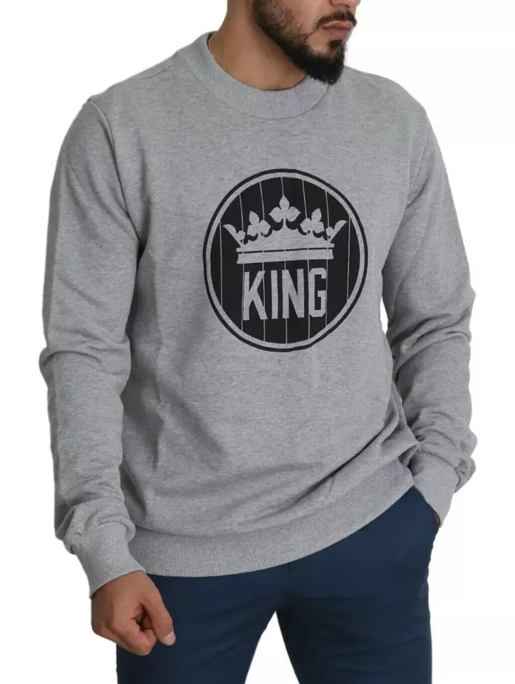 Dolce & Gabbana Grauer Pullover aus Baumwolle mit Crown King-Print