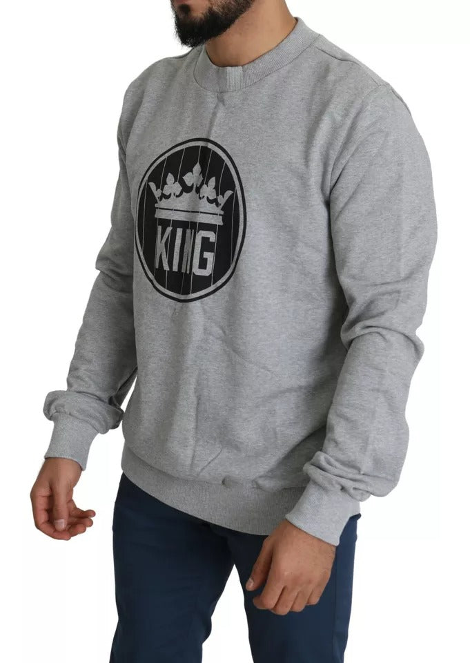 Dolce & Gabbana Grauer Pullover aus Baumwolle mit Crown King-Print