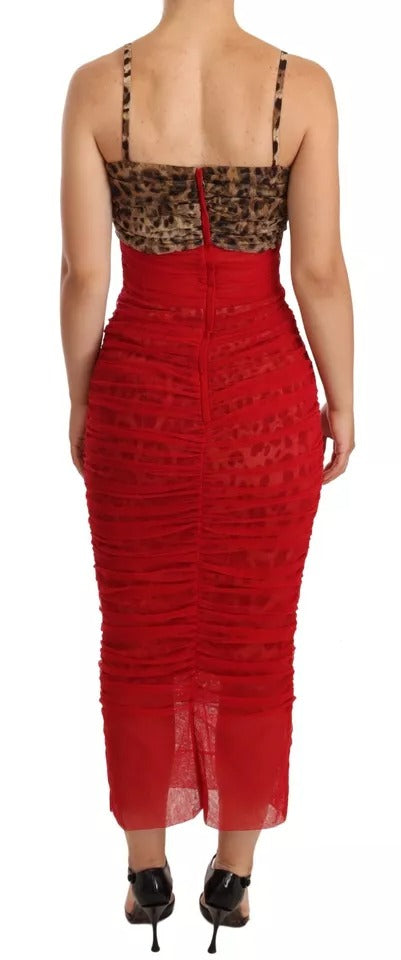 Dolce & Gabbana – Braunes, rotes Etui-Midikleid aus Tüll mit Leopardenmuster