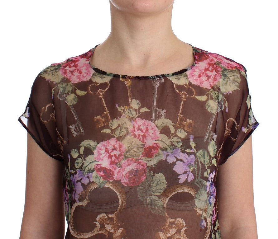 Dolce & Gabbana – Schwarzes Seidenblusen-T-Shirt mit Blumendruck
