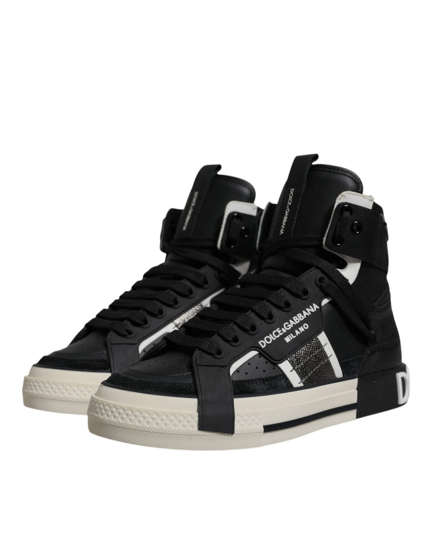 Dolce & Gabbana – Hohe Sneaker aus schwarzem und silbernem Leder