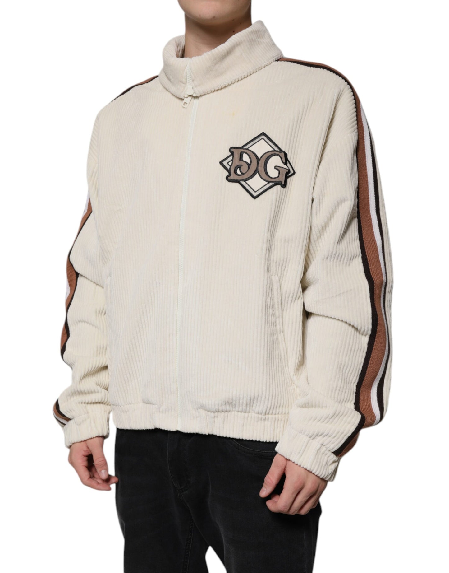 Dolce & Gabbana – Beigefarbene Cordjacke aus Baumwollcord mit durchgehendem Reißverschluss und Logo-Applikation