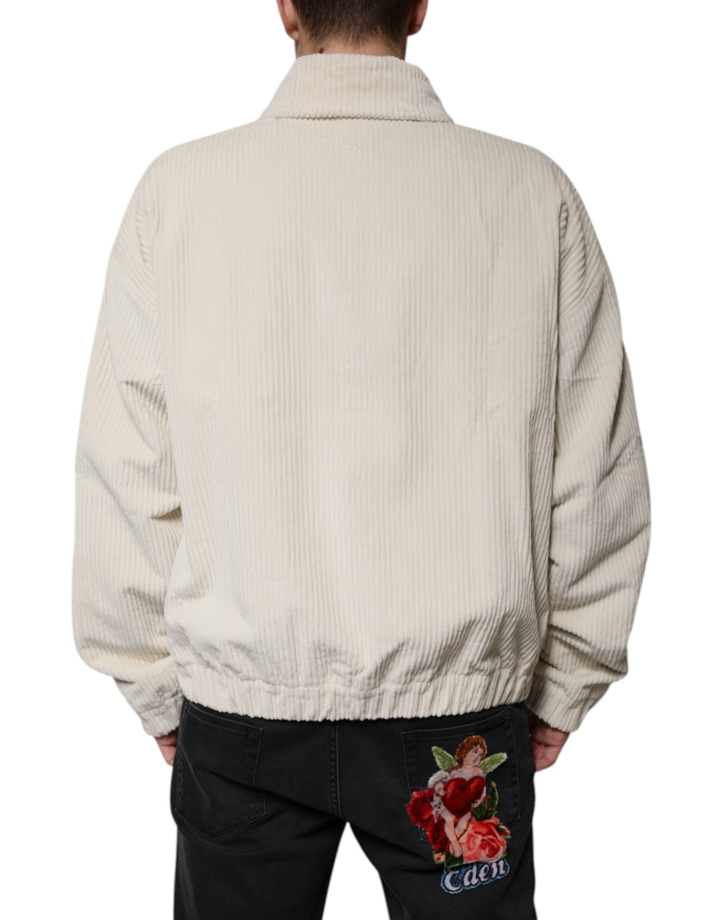 Dolce & Gabbana – Beigefarbene Cordjacke aus Baumwollcord mit durchgehendem Reißverschluss und Logo-Applikation