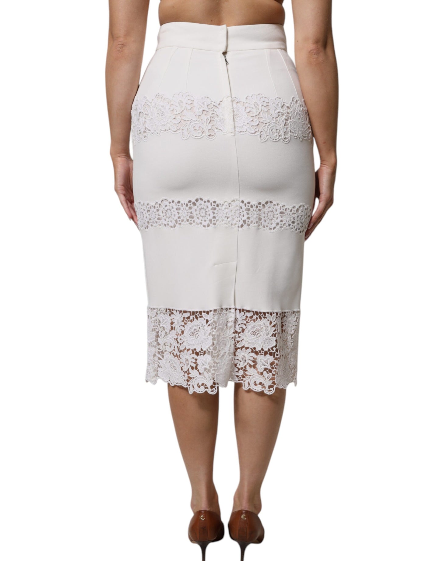 Dolce & Gabbana – Weißer Bleistiftrock mit Blumenspitze und hoher Taille