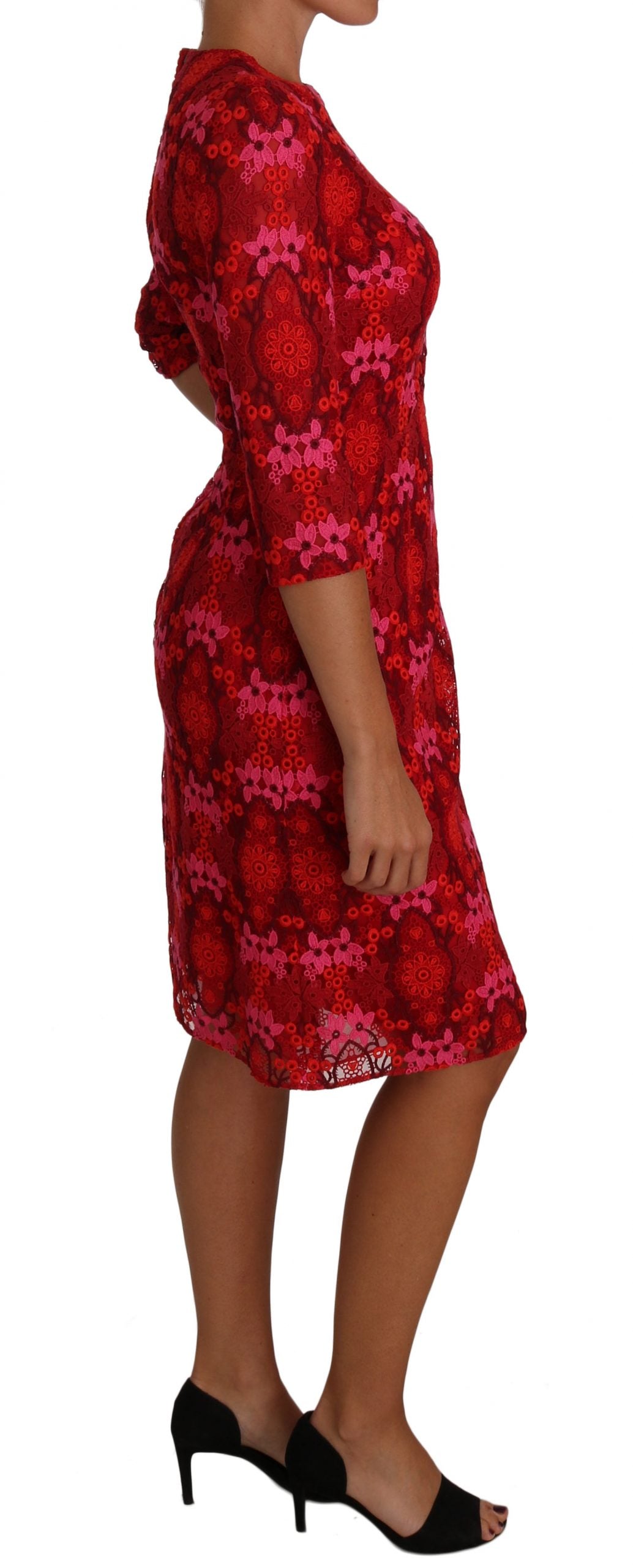 Dolce & Gabbana Etuikleid mit floraler Häkelspitze, Rot/Rosa