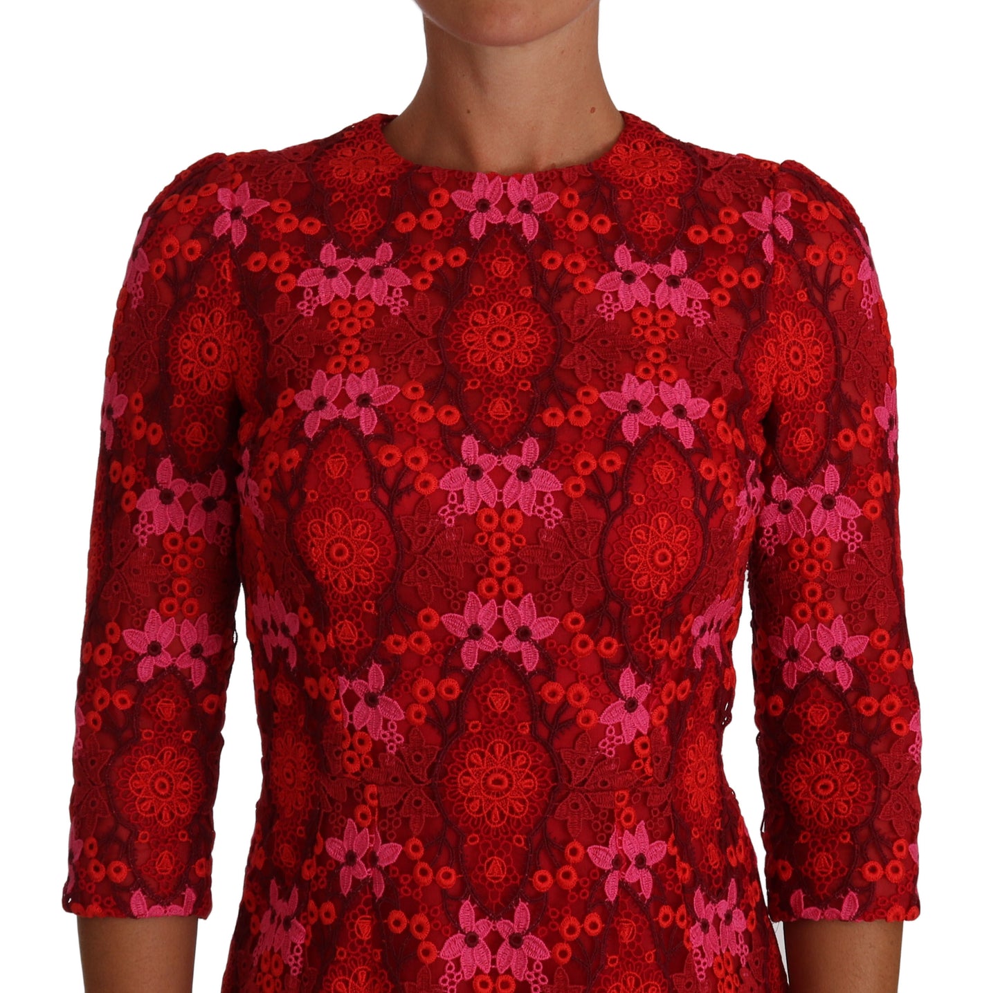 Dolce & Gabbana Etuikleid mit floraler Häkelspitze, Rot/Rosa