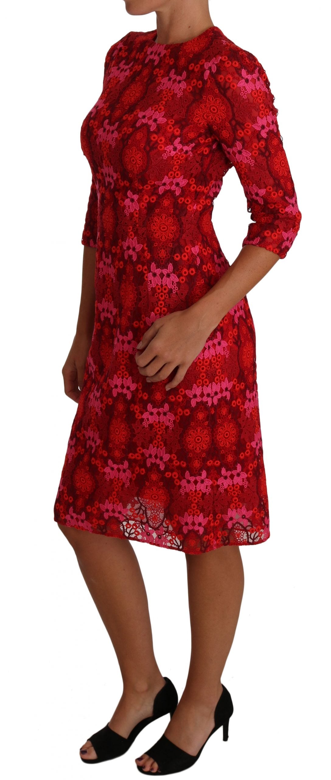 Dolce & Gabbana Etuikleid mit floraler Häkelspitze, Rot/Rosa