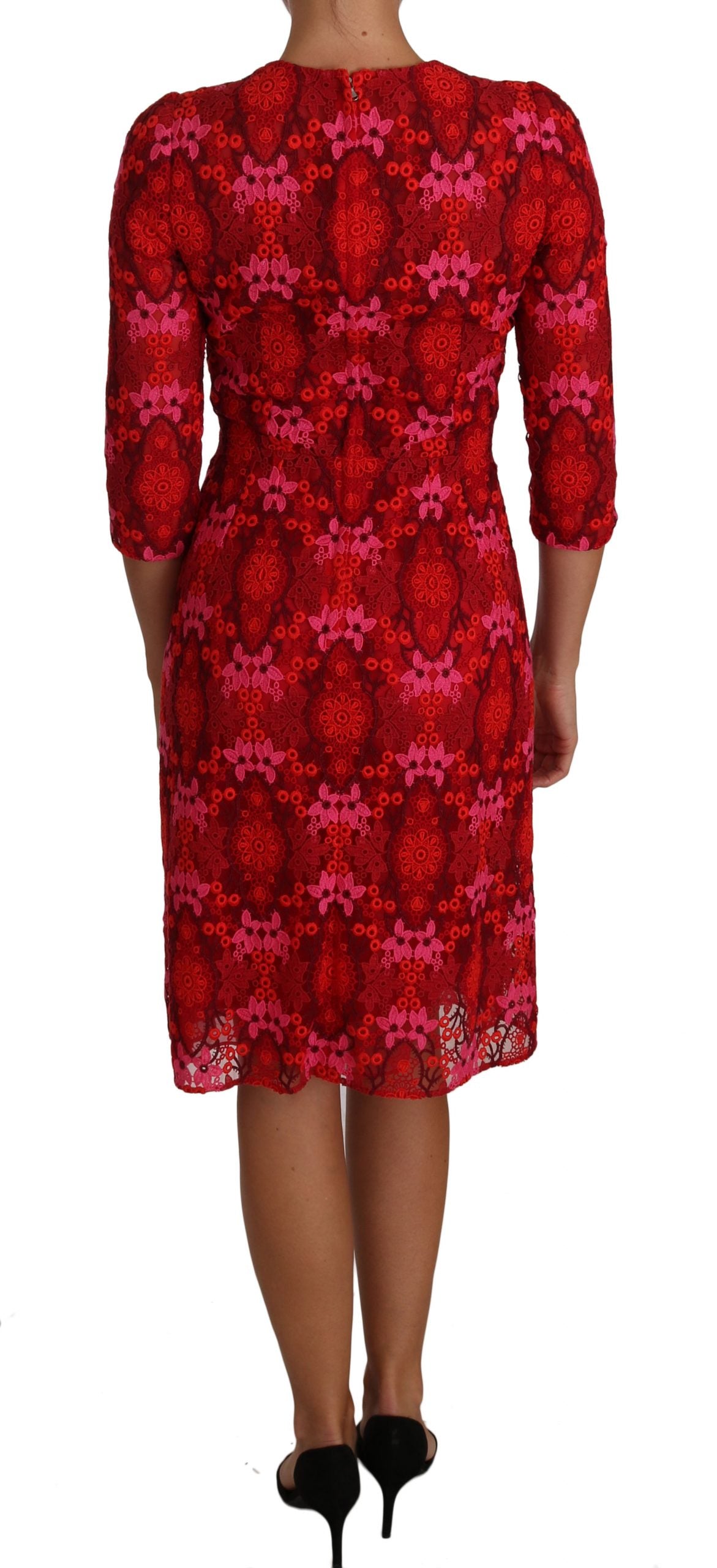 Dolce & Gabbana Etuikleid mit floraler Häkelspitze, Rot/Rosa