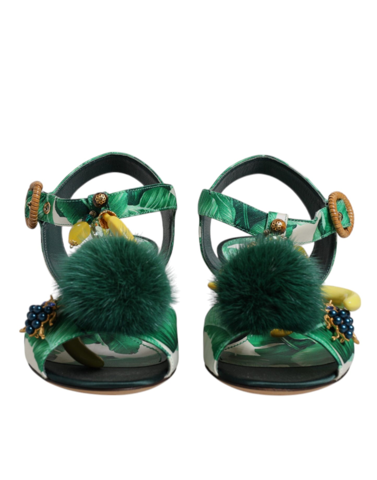 Dolce & Gabbana Grüne Sandalen mit Kristall- und Pelzverzierung