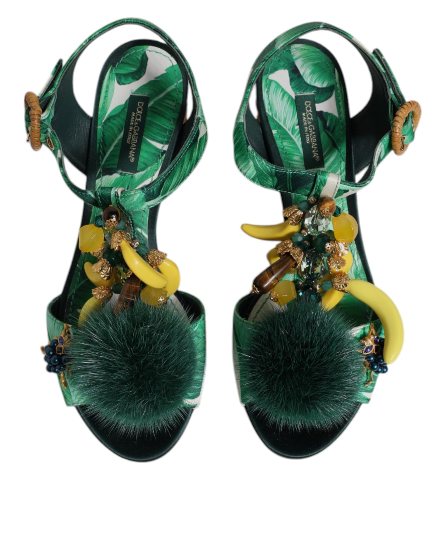 Dolce & Gabbana Grüne Sandalen mit Kristall- und Pelzverzierung