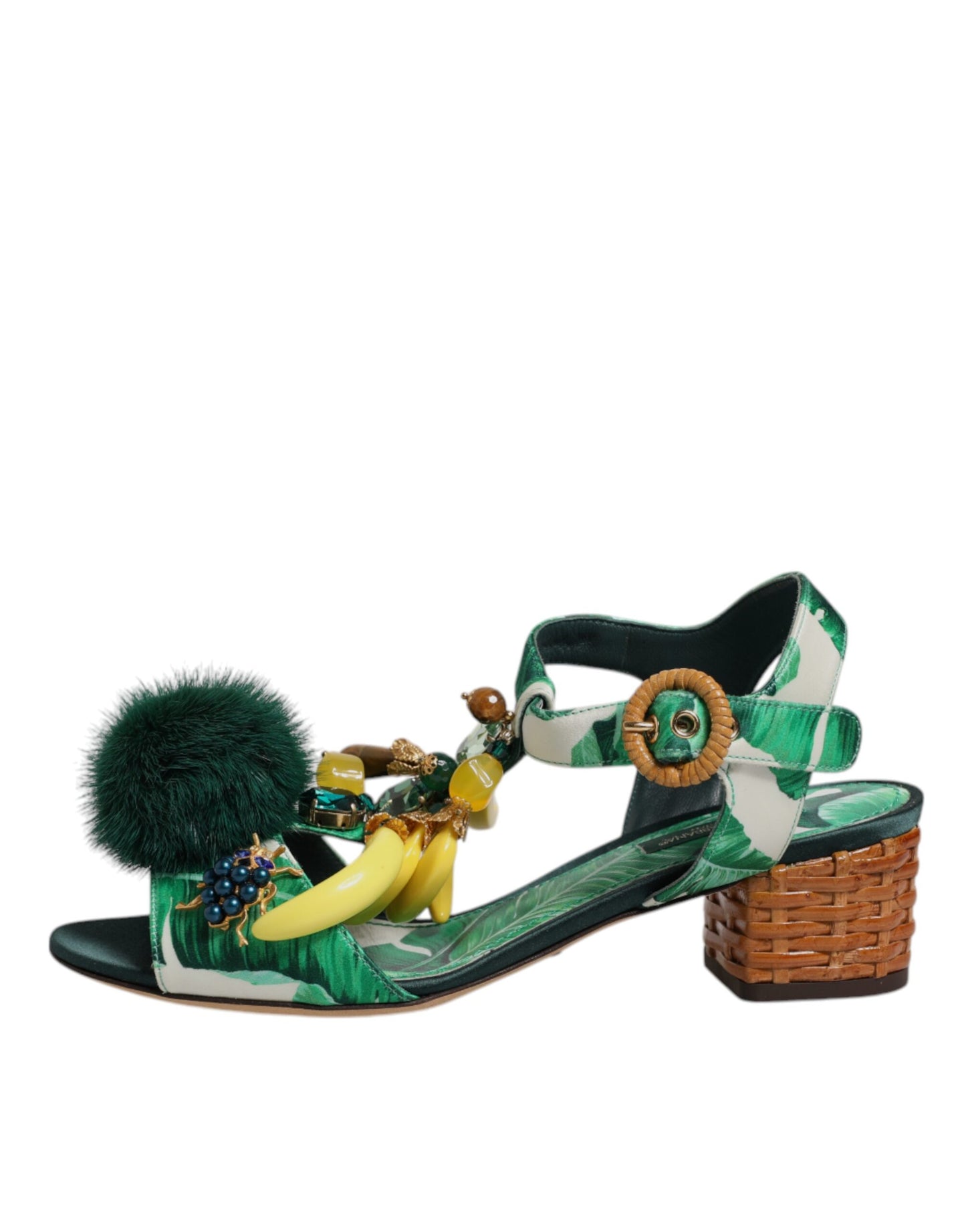 Dolce & Gabbana Grüne Sandalen mit Kristall- und Pelzverzierung