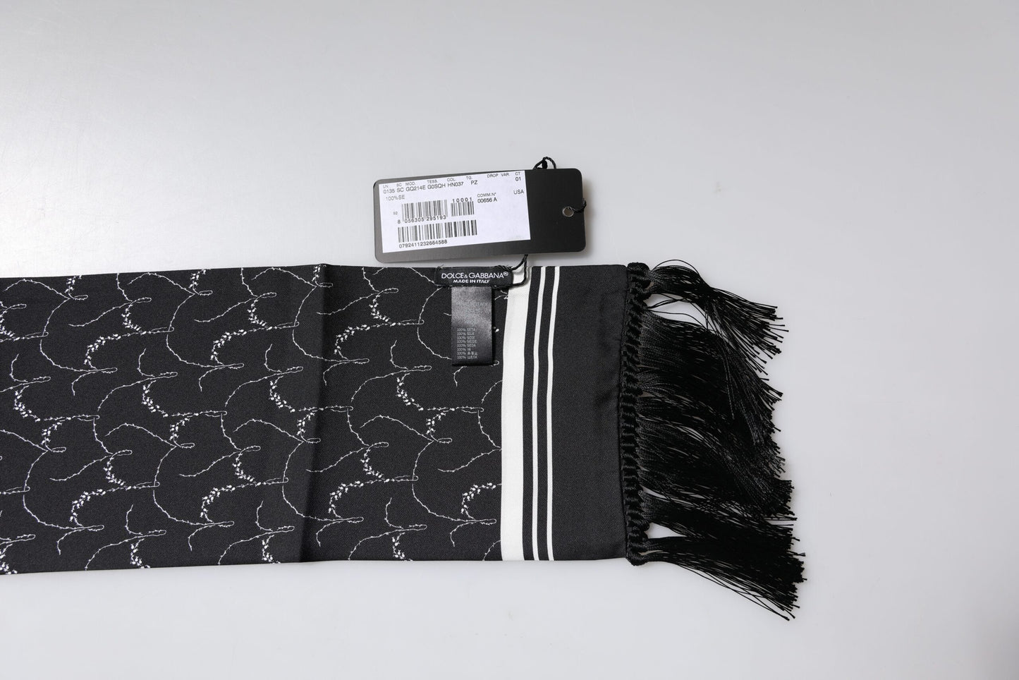 Dolce & Gabbana – Schwarz gemusterter, schmaler Schal mit Fransen