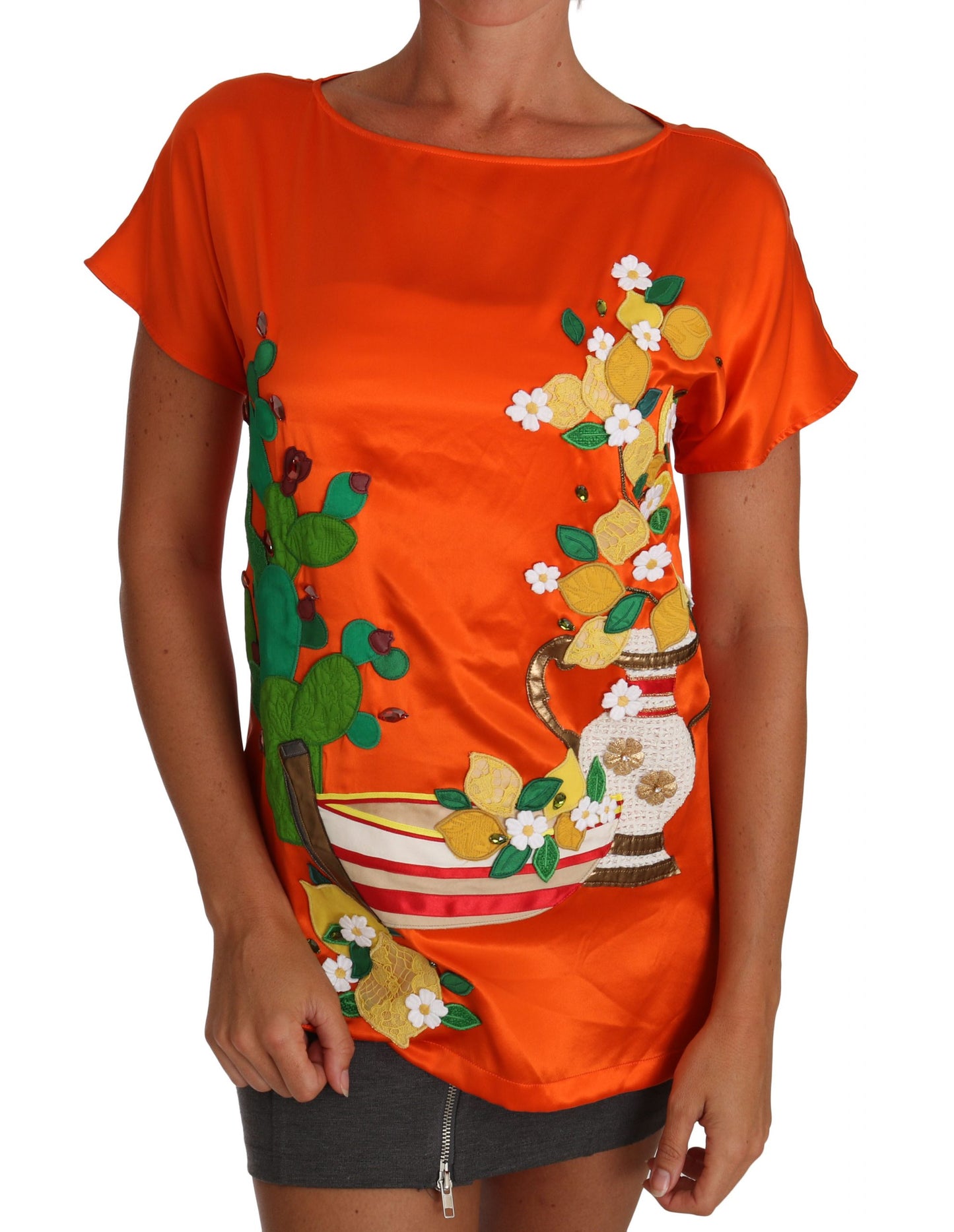 Dolce & Gabbana Seiden-T-Shirt mit orange-zitronenfarbenem Kristall